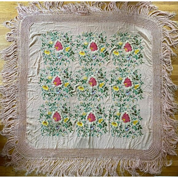 Accessories - Antique Vintage Piano Shawl Embroidered Pink Silk Art Nouveau LARGE 68”x68”